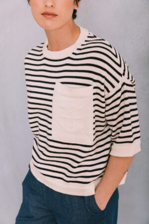The Winterton knitted T shirt in a nautical stripe with large patch pocket