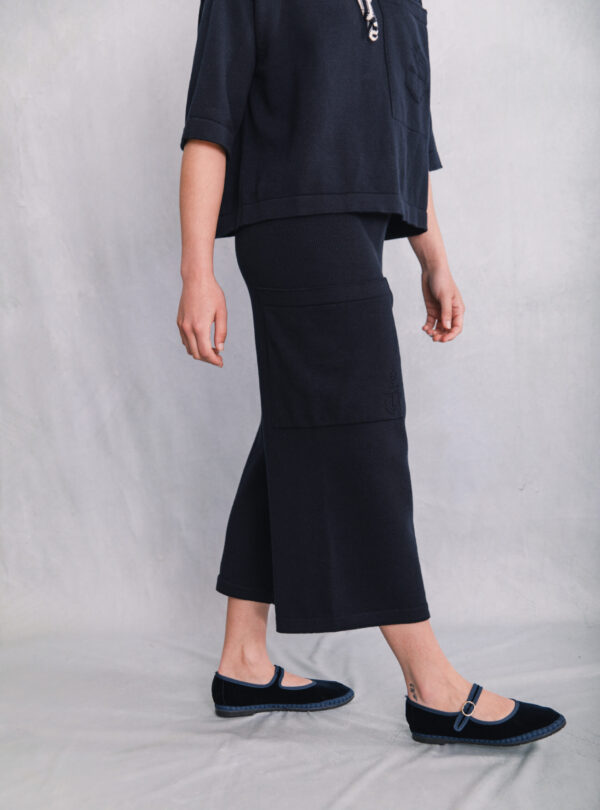 The Winterton knitted culottes in Dark Navy Blue with a patch pocket
