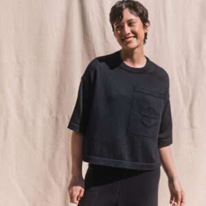 The Winterton knitted T shirt with large patch pocket and anchor motif. Solid dark navy blue colour