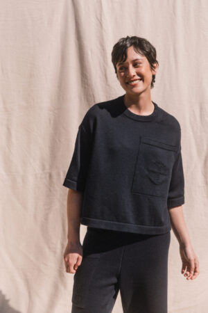The Winterton knitted T shirt with large patch pocket and anchor motif. Solid dark navy blue colour